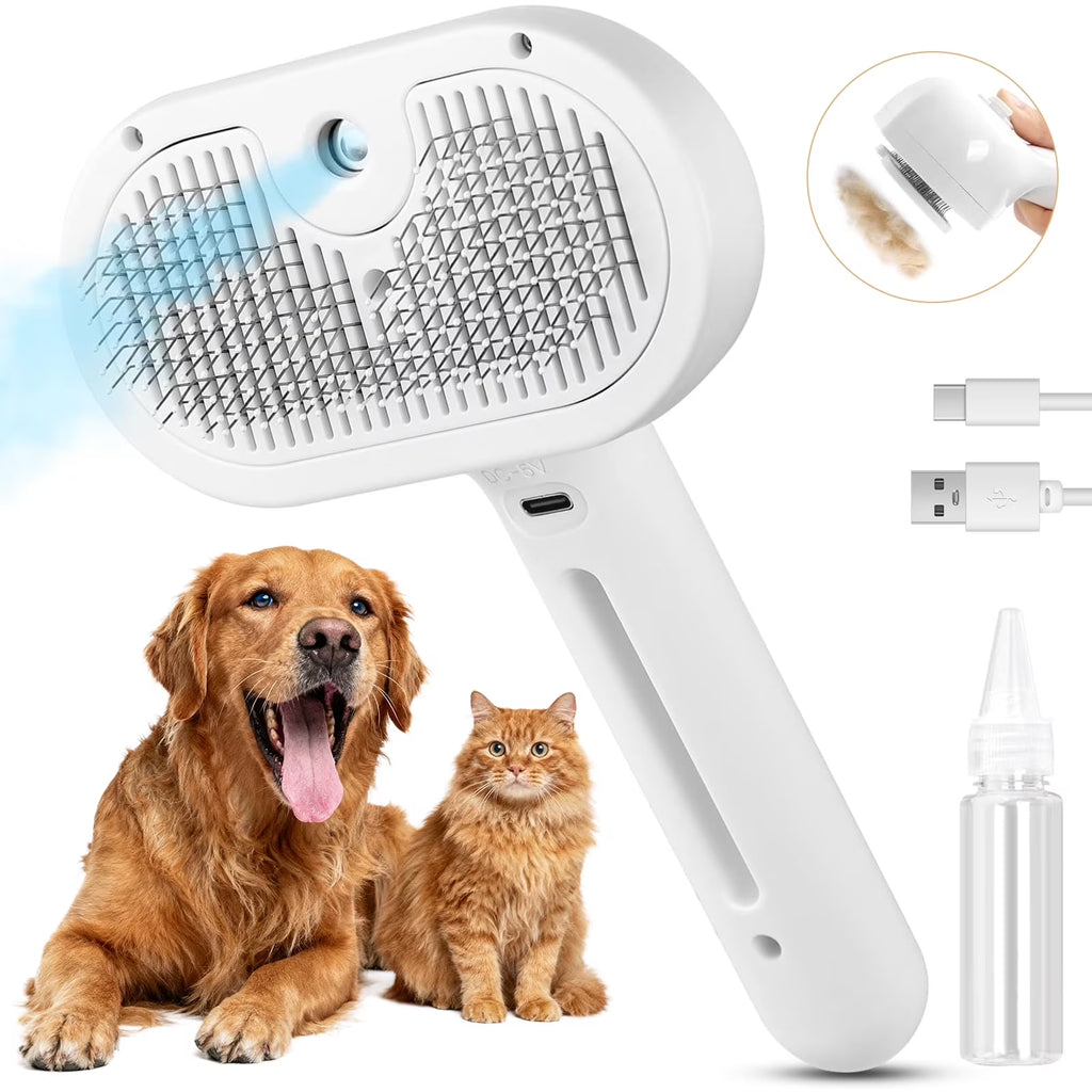 Pet Steam Brush for Dog & Cat - 3-in-1 Steam Grooming Brush for Shedding & Hair Removal - Self Cleaning Spray Comb with Mist for Long Haired Pets - Includes 1*Waterless Shampoo