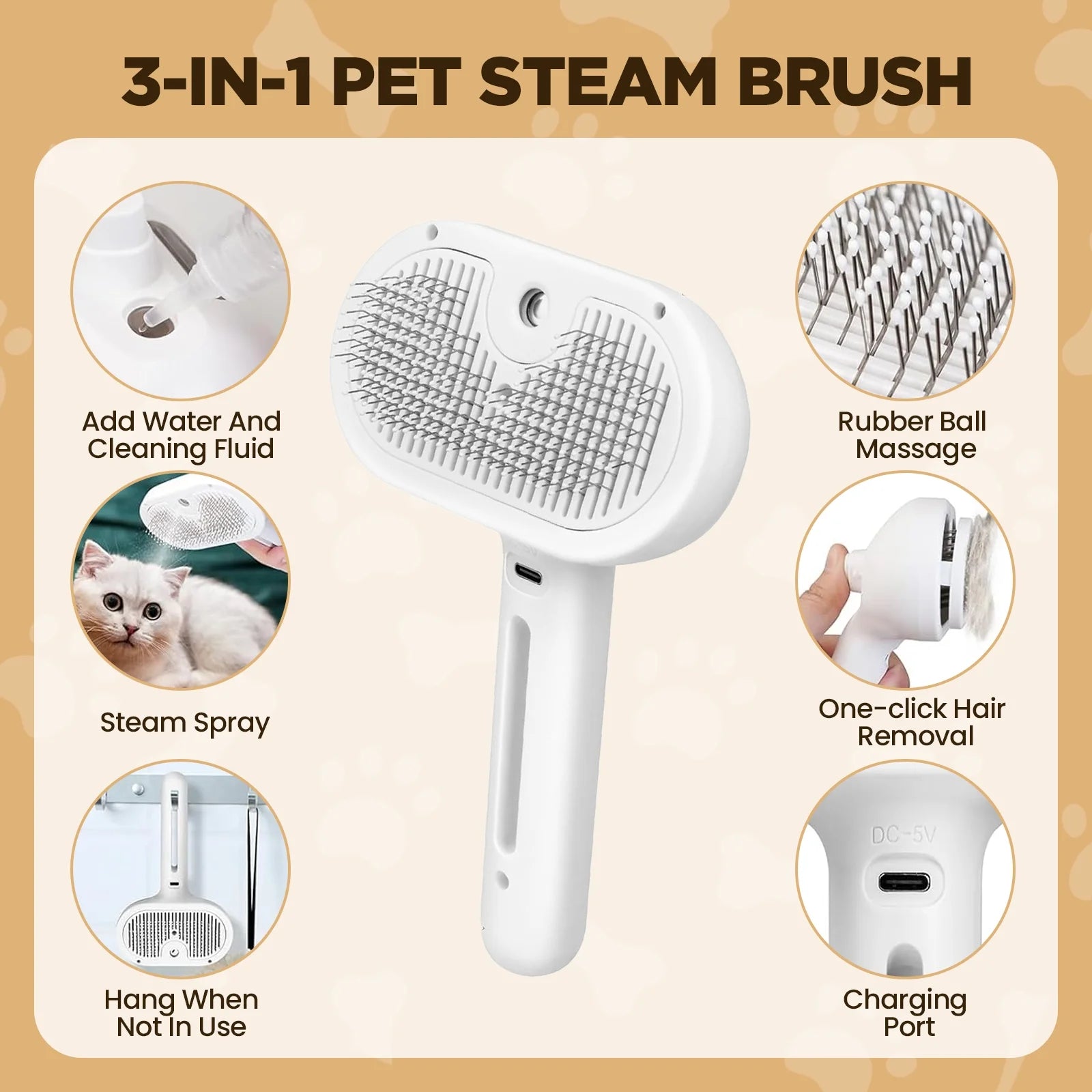 Pet Steam Brush for Dog & Cat - 3-in-1 Steam Grooming Brush for Shedding & Hair Removal - Self Cleaning Spray Comb with Mist for Long Haired Pets - Includes 1*Waterless Shampoo
