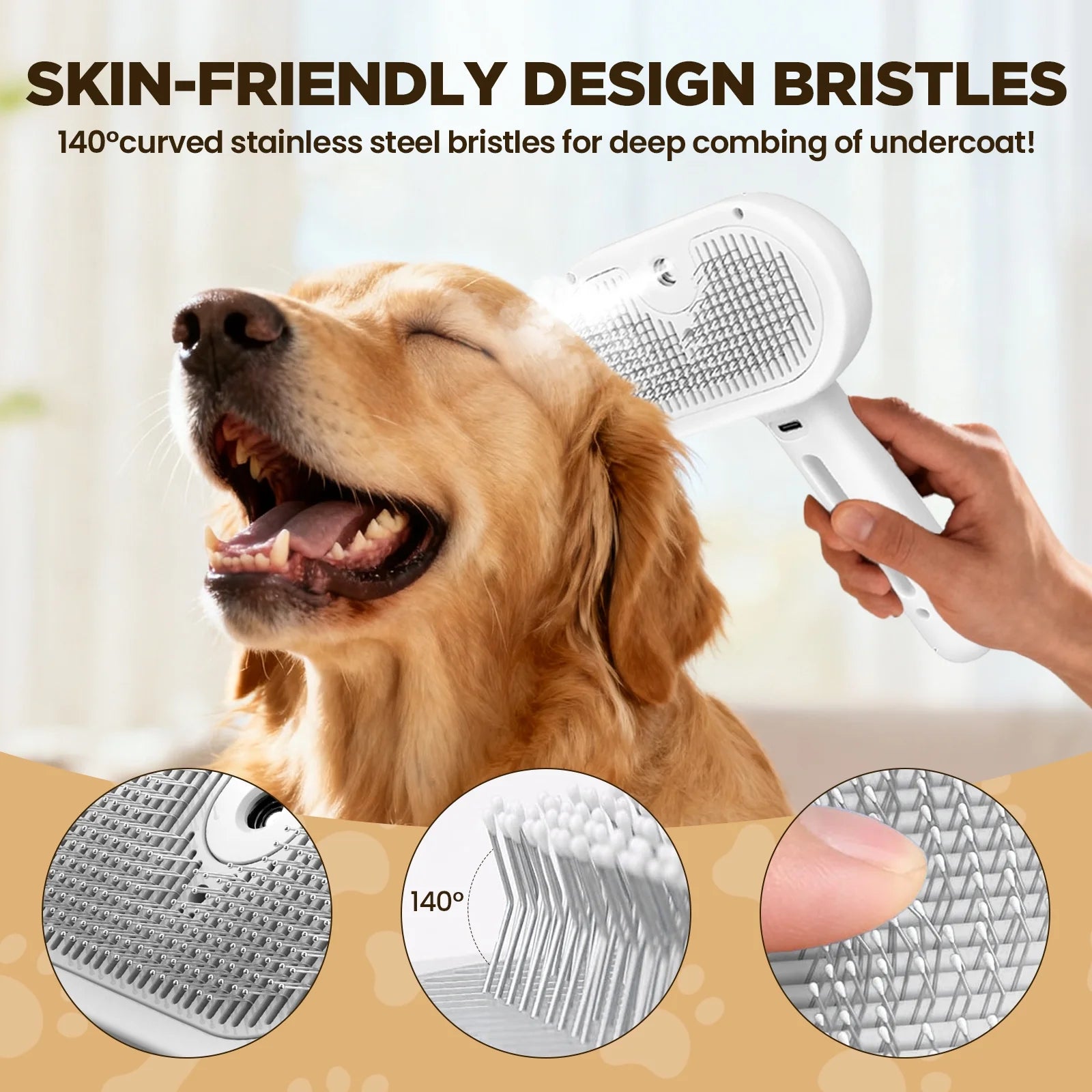 Pet Steam Brush for Dog & Cat - 3-in-1 Steam Grooming Brush for Shedding & Hair Removal - Self Cleaning Spray Comb with Mist for Long Haired Pets - Includes 1*Waterless Shampoo